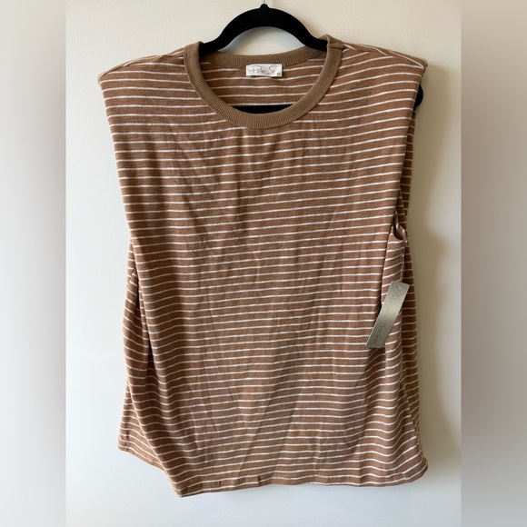 Casual Tan Camel Striped Padded Shoulder Sleeveless Tank - Picture 5 of 12